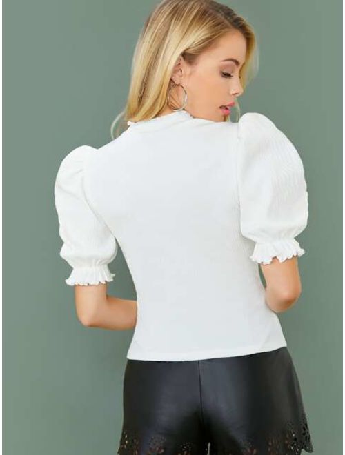 Shein Frill Trim Puff Sleeve Solid Top