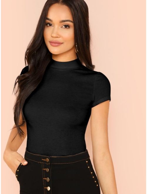Shein Mock Neck Rib-knit Fitted Tee