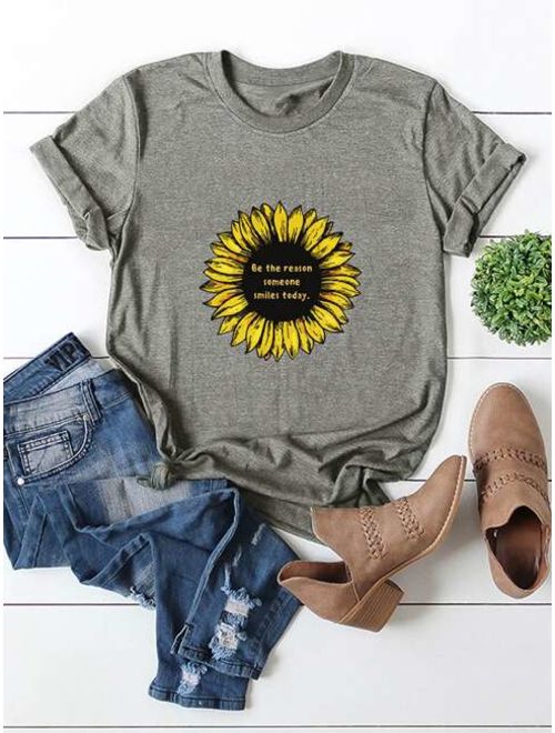 Sunflower & Slogan Graphic Round Neck Tee