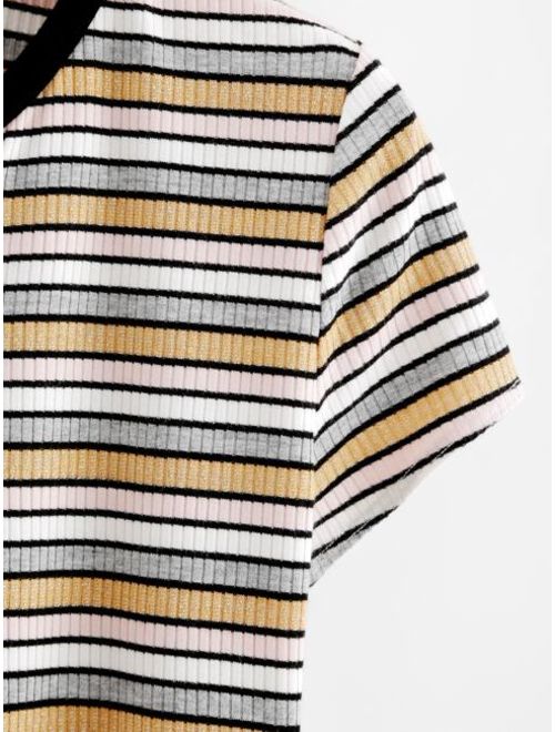 Shein Striped Ribbed Crop Henley Tee