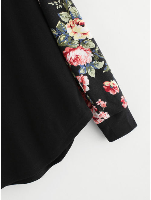 Shein Floral Raglan Sleeve Curved Hem Top