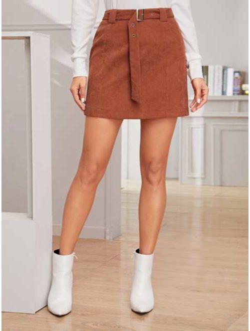 Shein Solid Belted Sheath Corduroy Skirt