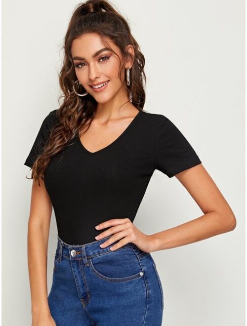 Shein Solid Rib-knit Fitted Top