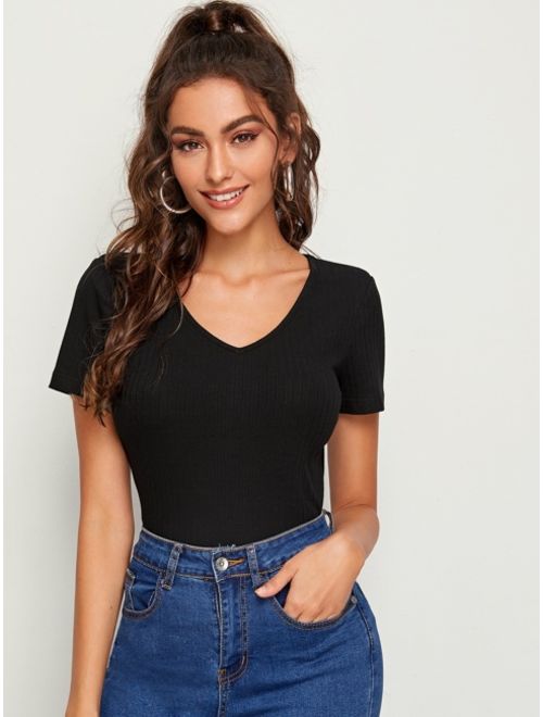 Shein Solid Rib-knit Fitted Top