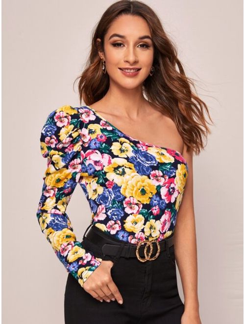 Shein One Shoulder Gigot Sleeve Floral Print Top