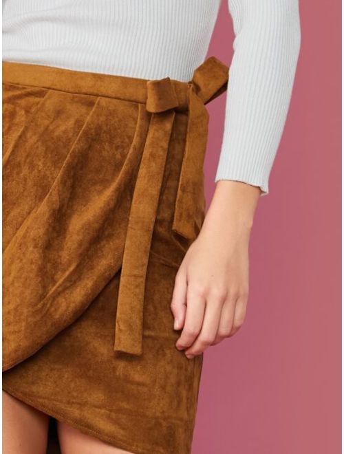 Shein Knot Side Wrap Suede Skirt