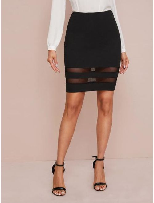 Shein Zipper Detail Sheer Mesh Inset Bodycon Skirt