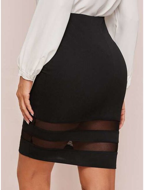 Shein Zipper Detail Sheer Mesh Inset Bodycon Skirt
