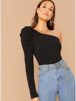 One Shoulder Puff Sleeve Rib-knit Top