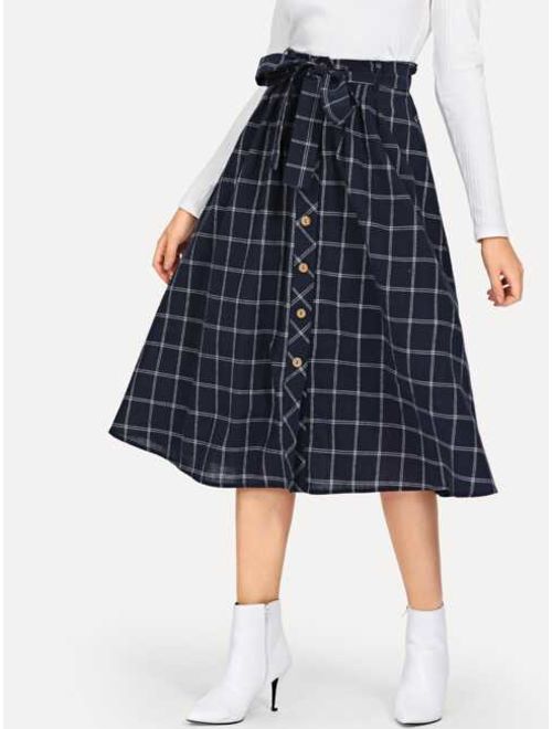 Shein Button Detail Grid Flare Skirt