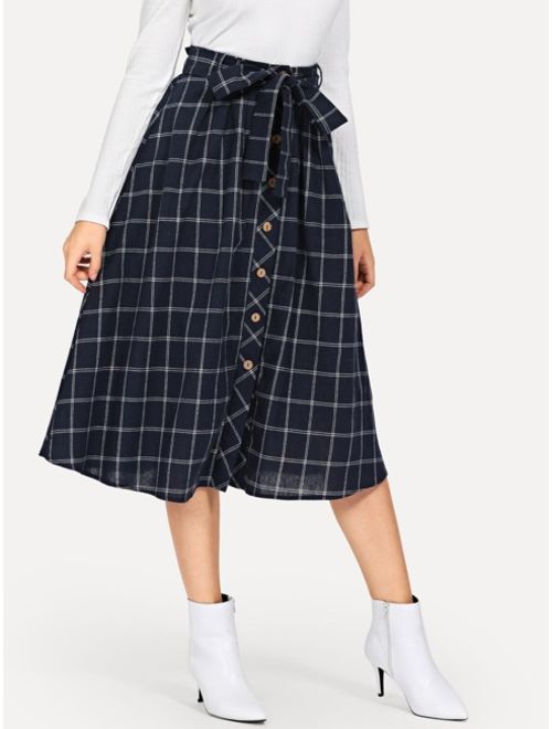Shein Button Detail Grid Flare Skirt