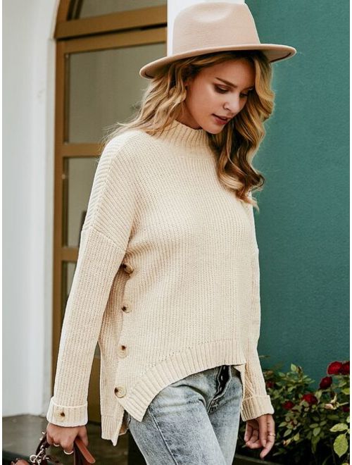 Simplee Drop Shoulder Buttoned Side Sweater