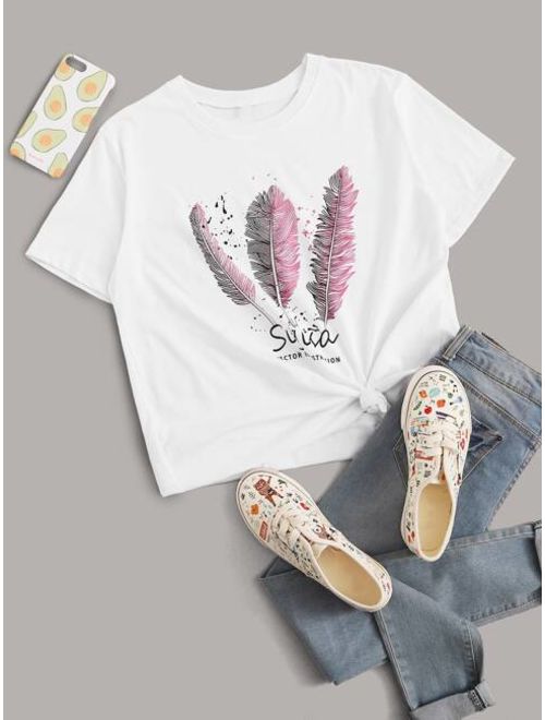 Shein Feather & Letter Graphic Tee