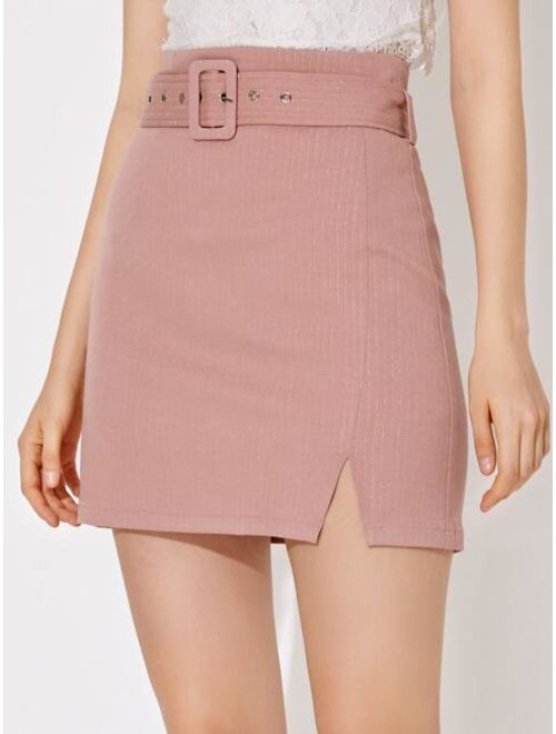 Shein Premium Zipper Back Split Hem Belted Skirt