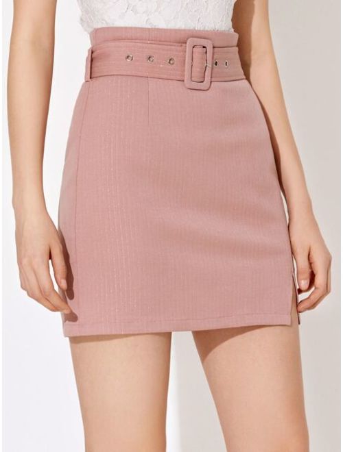 Shein Premium Zipper Back Split Hem Belted Skirt