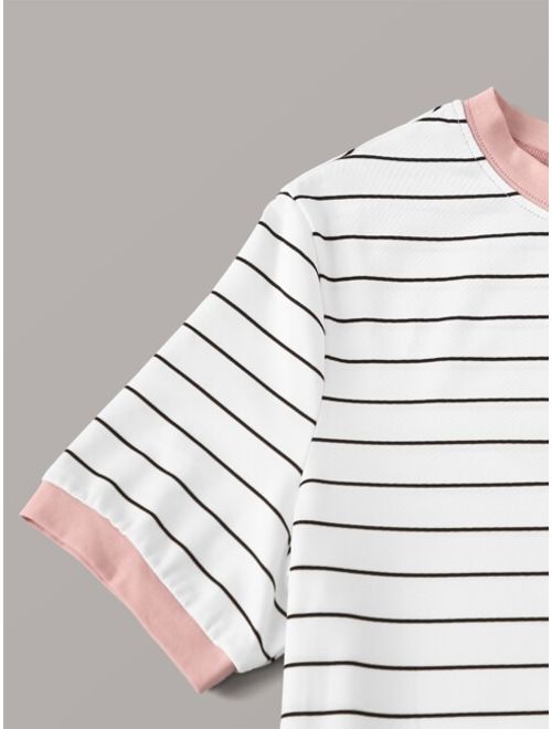 Shein Floral Pocket Patched Striped Ringer Tee