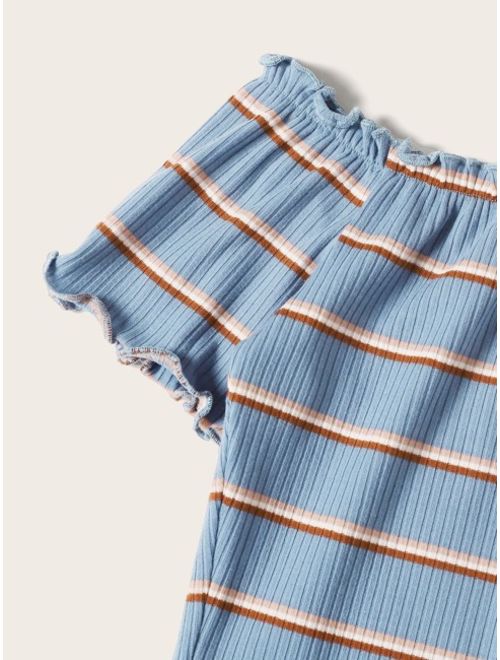 Shein Lettuce Trim Rib-knit Striped Crop Bardot Tee