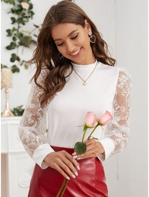 Embroidery Mesh Puff Sleeve Top