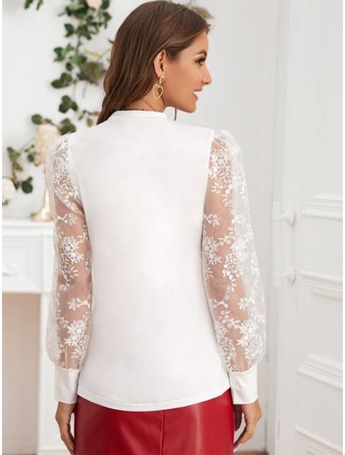 Embroidery Mesh Puff Sleeve Top