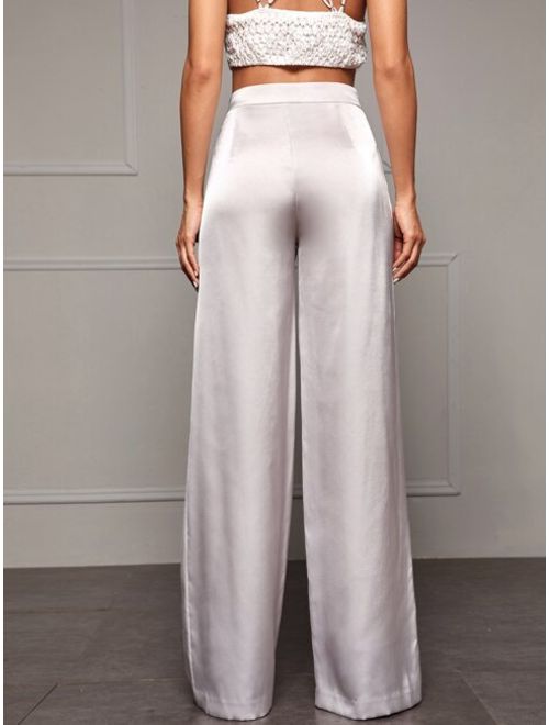 SHEIN Satin Solid Wide-leg High-waist Pants