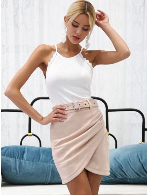 Shein Simplee Wrap Asymmetrical Hem Belted Suede Skirt