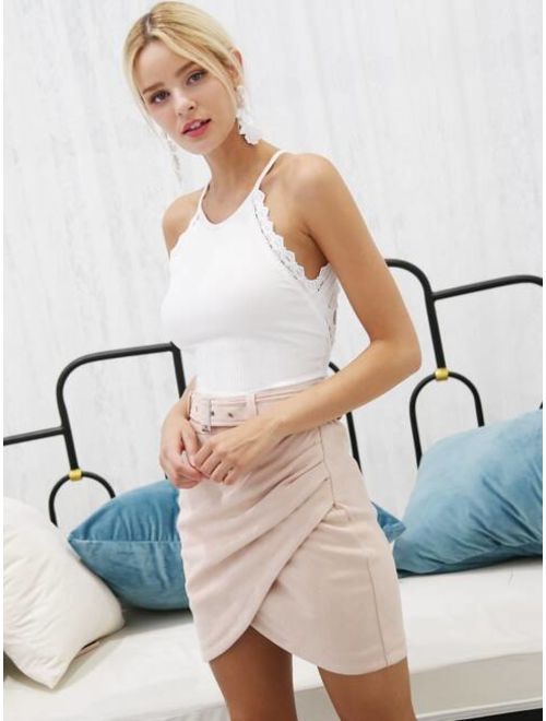 Shein Simplee Wrap Asymmetrical Hem Belted Suede Skirt