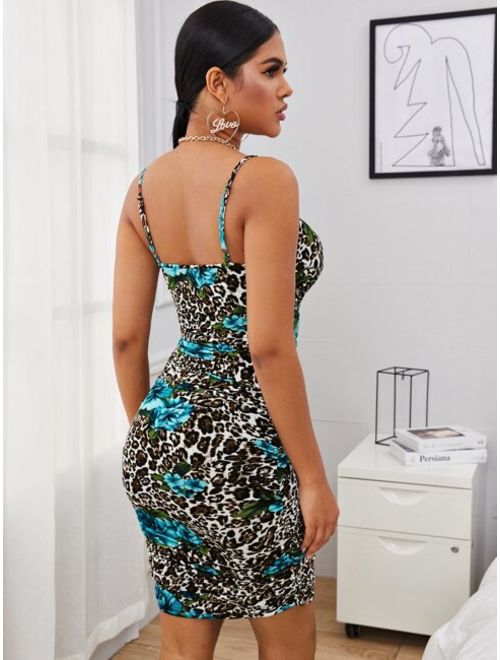 Shein Ruched Detail Leopard & Floral Print Bustier Slip Dress