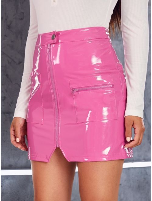 Shein Neon Pink Zip Front Button Detail PU Leather Skirt