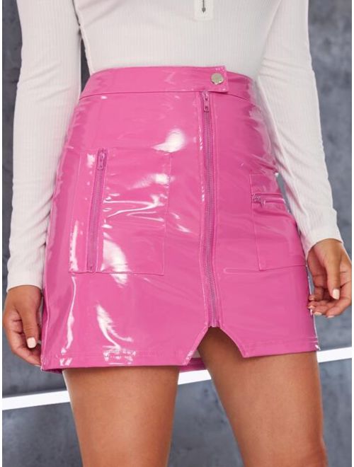 Shein Neon Pink Zip Front Button Detail PU Leather Skirt