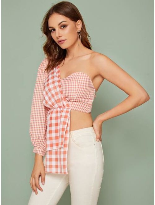 Gingham Print Puff Sleeve Draped Front Wrap Top