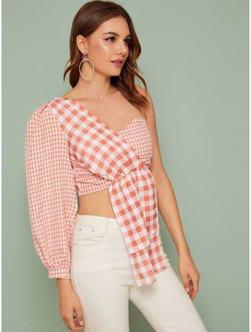 Gingham Print Puff Sleeve Draped Front Wrap Top