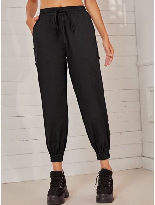 Side Button Drawstring Waist Solid Pants