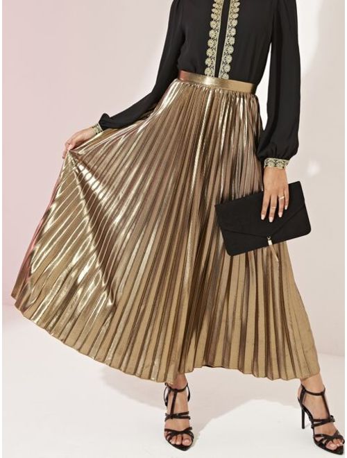 Shein Wide Waistband Pleated Metallic Skirt