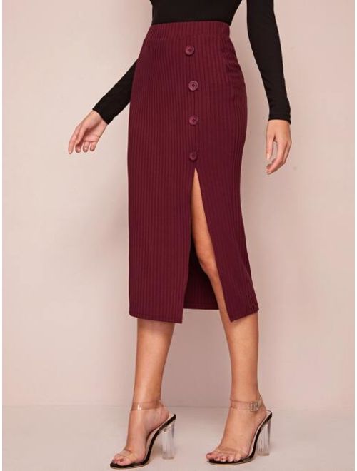Shein Split Thigh Buttoned Rib-knit Skirt