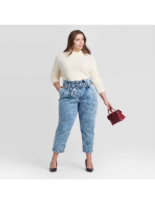 Women's Plus Size High-Rise Cropped Paperbag Pants - Who What Wear Acid Wash