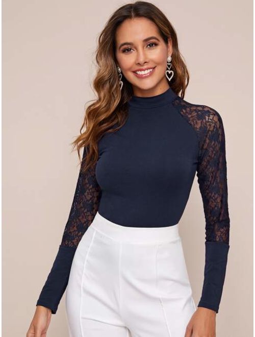 Shein Mock-neck Floral Lace Raglan Sleeve Fitted Tee