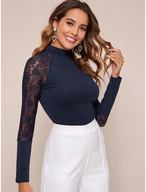 Shein Mock-neck Floral Lace Raglan Sleeve Fitted Tee