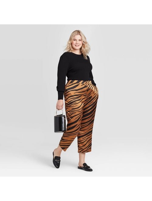 Women's Plus Size Animal Print Mid-Rise Skinny Silky Cropped Trouser - Who What Wear