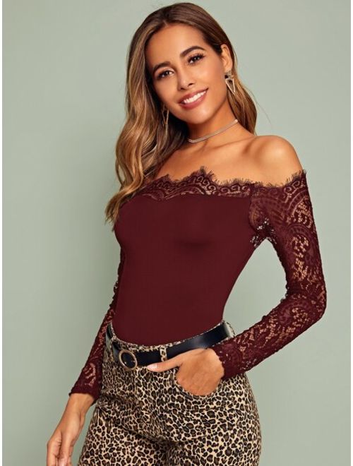 Off-shoulder Lace Panel Tee