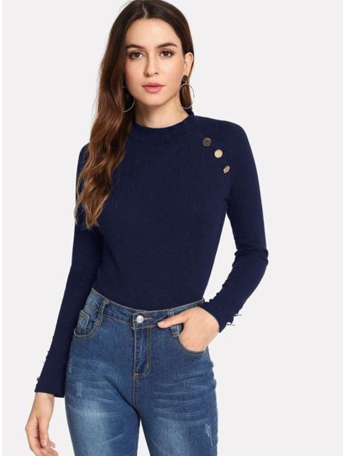 Shein Ribbed Knit Button Mock Neck Tee