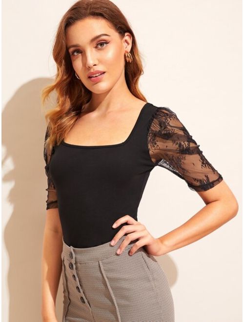 Shein Scoop Neck Lace Puff Sleeve Tie Back Top