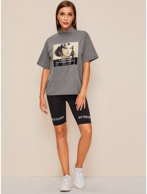 High Neck Letter And Figure Graphic Tee