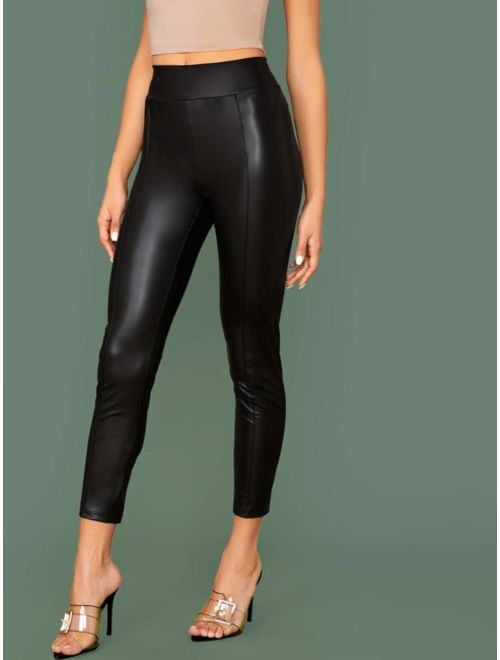 Shein Elastic Waist Seam Front Leather Look Pants