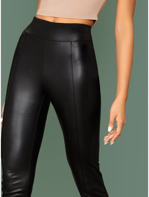 Shein Elastic Waist Seam Front Leather Look Pants