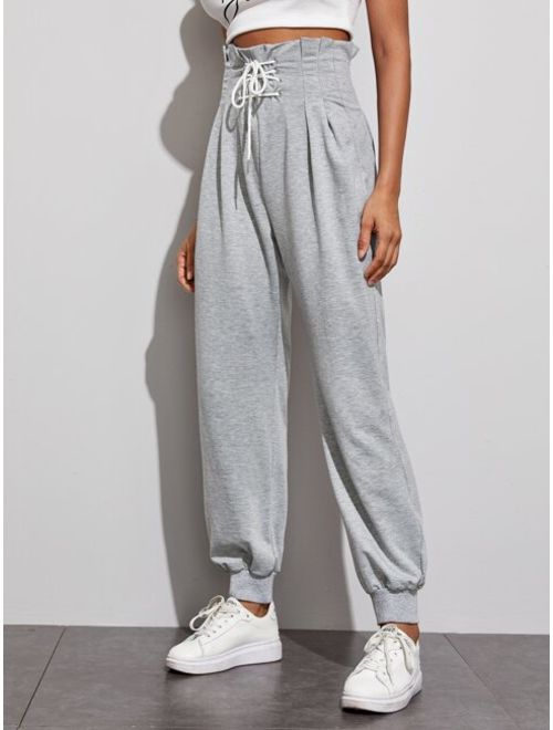 Shein Lace Up Front Paperbag Waist Sweatpants