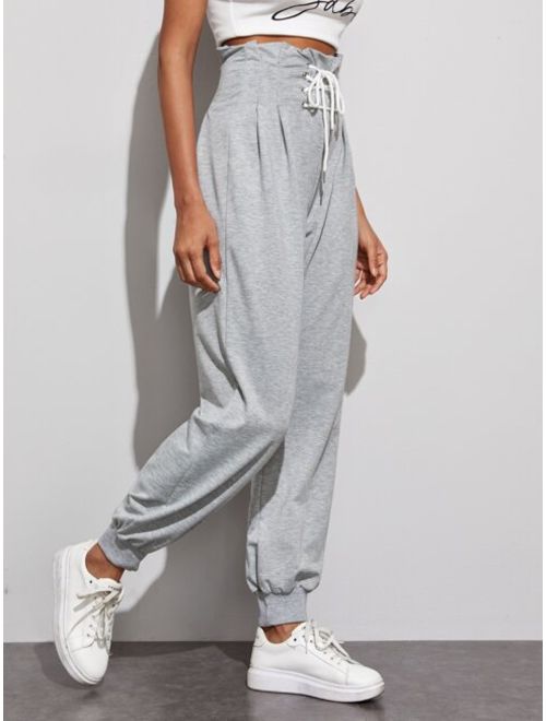 Shein Lace Up Front Paperbag Waist Sweatpants