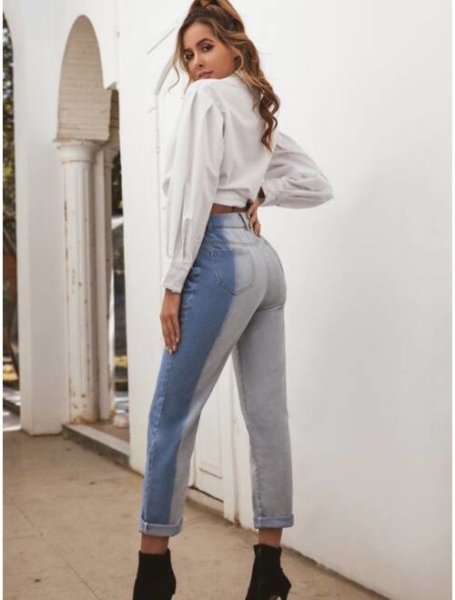 Two Tone High Rise Mom Jeans