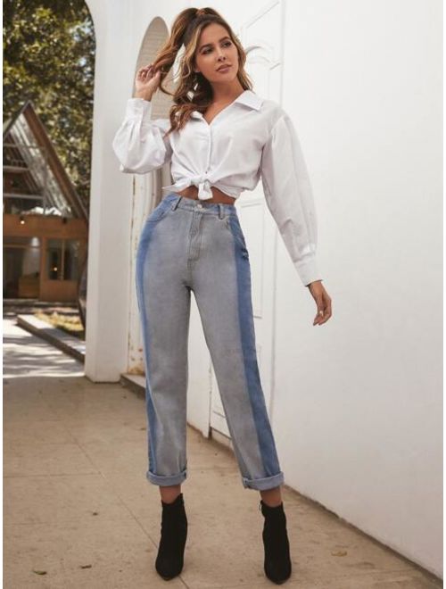 Two Tone High Rise Mom Jeans