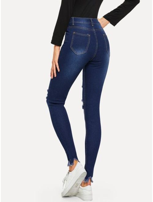 Buy Shein Knee Rips Raw Hem Skinny Jeans online | Topofstyle