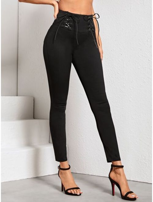 High Rise Lace Up Skinny Jeans